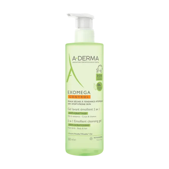 A-DERMA Exomega Control Emollient Cleansing Gel 2 in 1 Anti-Scratching Body and Hair 500ml