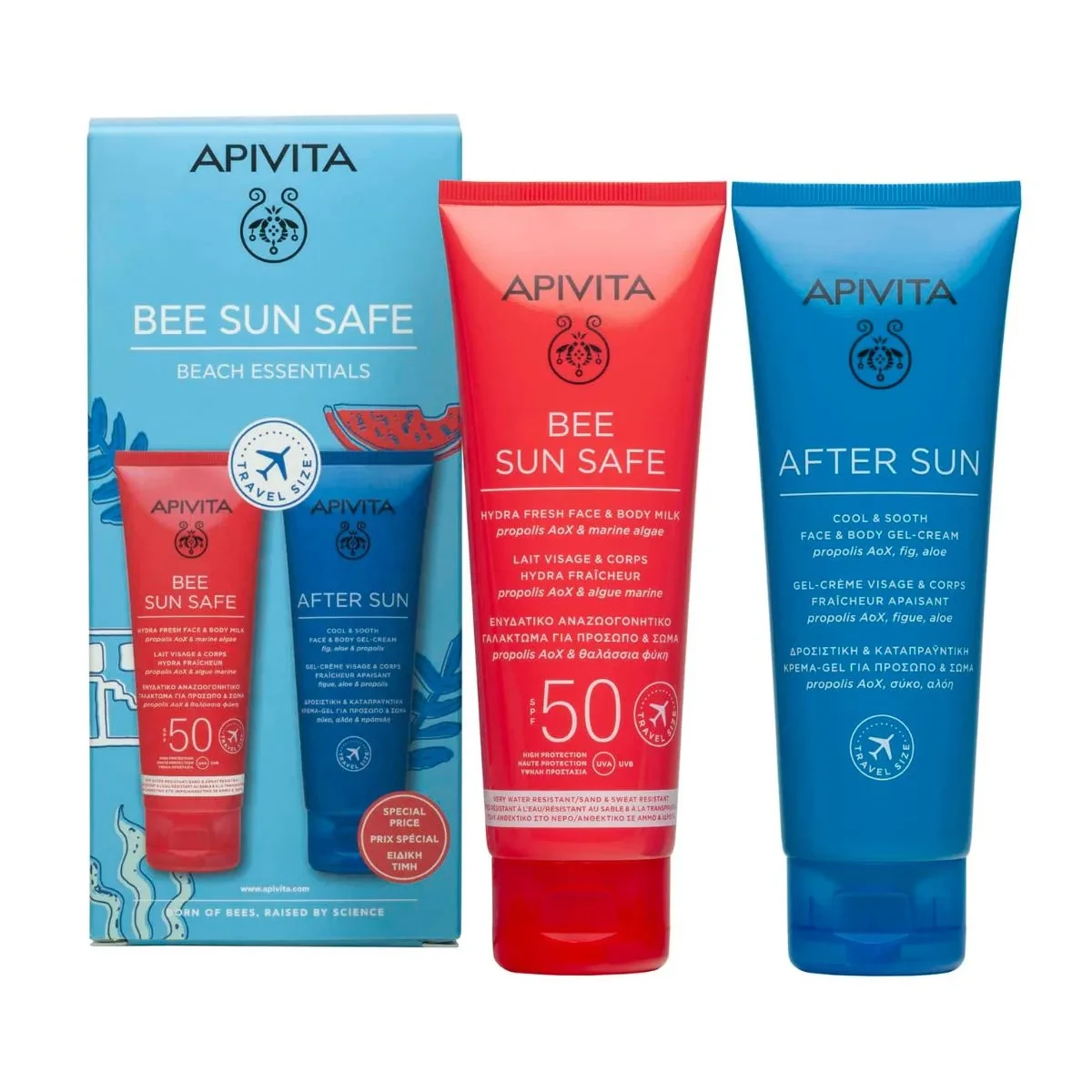 APIVITA Bee Sun Safe Beach Essentials Hydra Fresh Face & Body Milk SPF50 100ml + After Sun Face & Body Gel-Cream 100ml