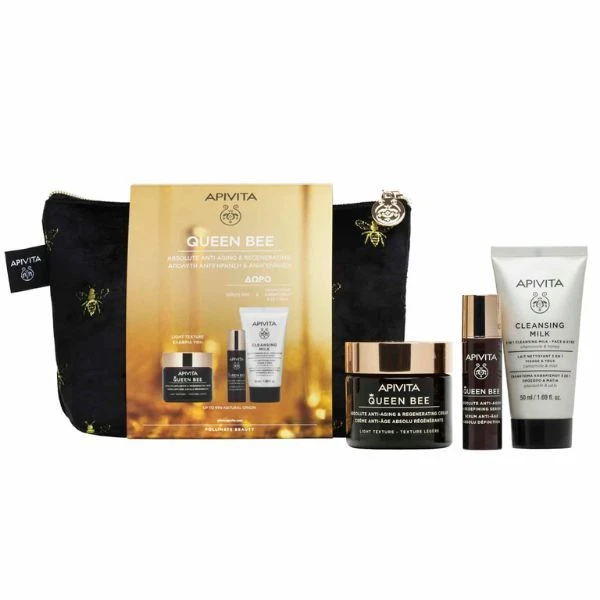 APIVITA Promo Set Queen Bee Absolute Anti-Aging & Regenerating Cream Light Texture 50ml + Queen Bee Absolute Anti-Aging & Redefining Serum 10ml + 3 In 1 Cleansing Milk Face & Eyes All Skin Types 150ml