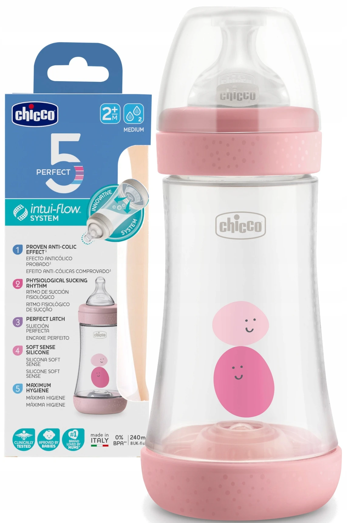 CHICCO Perfect 5 Πλαστικό Μπιμπερό Ροζ με Θηλή Σιλικόνης 2m+ 240ml