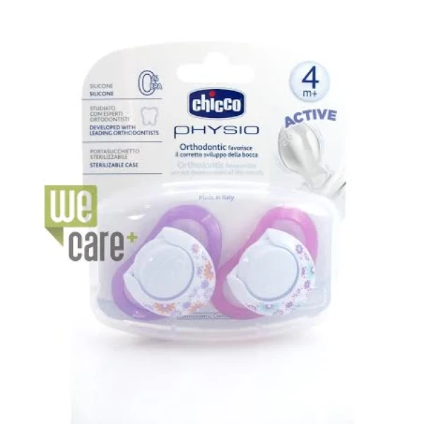 CHICCO Physio Orthodontic Πιπίλα Σιλικόνης με Θήκη (Ροζ και Φούξια) 4+m 2 Τεμάχια