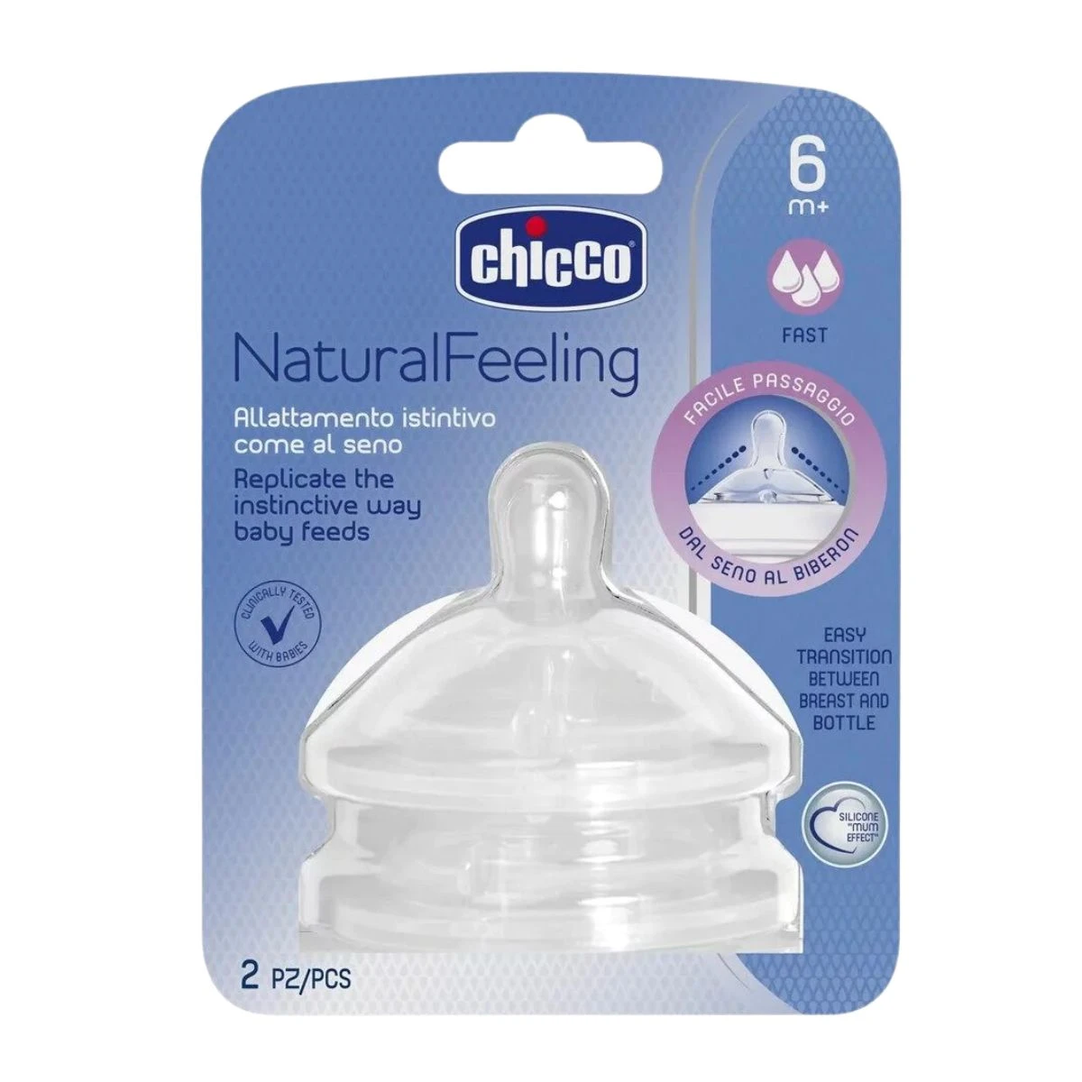 CHICCO Θηλή Σιλικόνης Natural Feeling Γρήγορη Ροή 6m+ 2 Τεμάχια