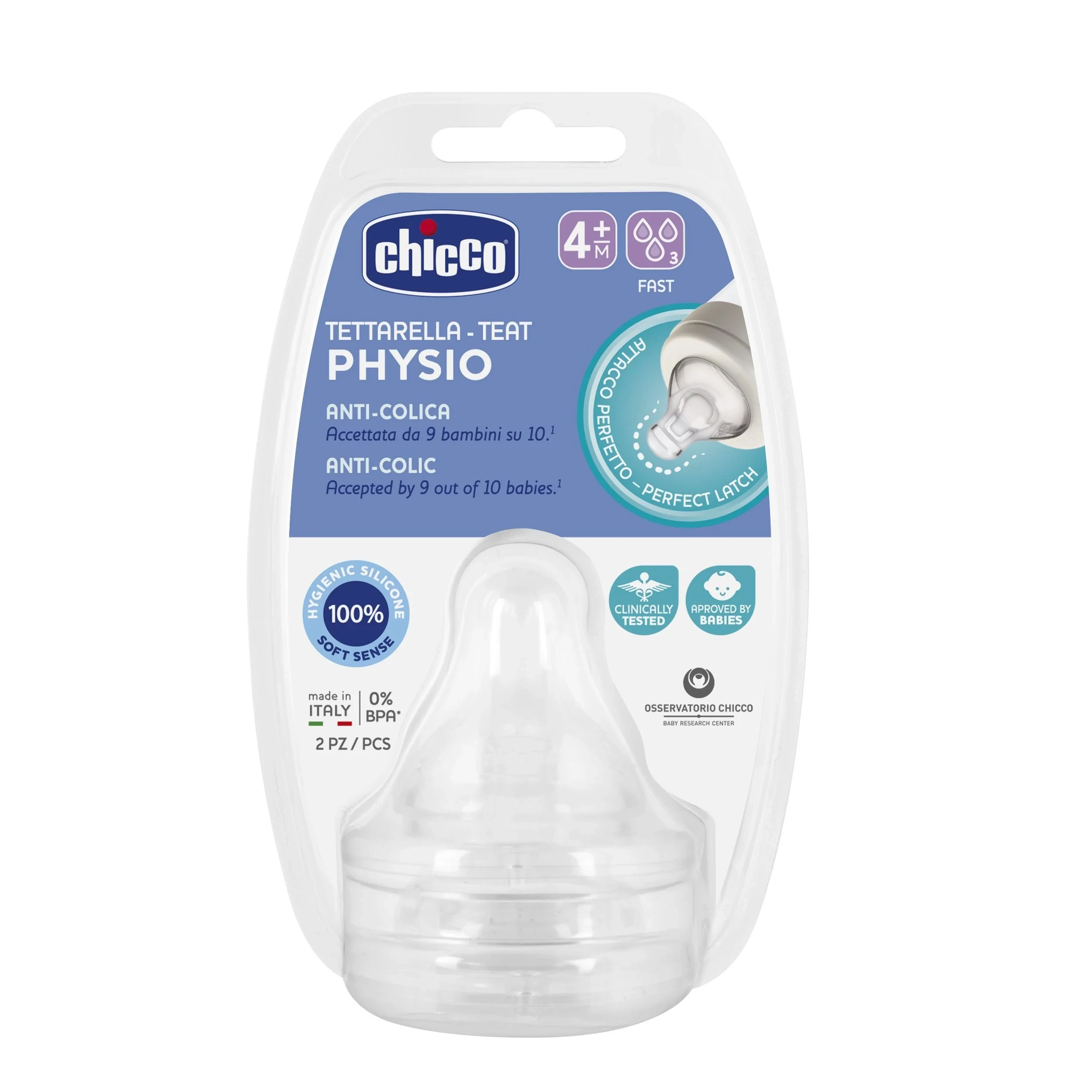 CHICCO Θηλή Σιλικόνης Physio Perfect 5 Γρήγορη Ροή 4m+ 2 Τεμάχια