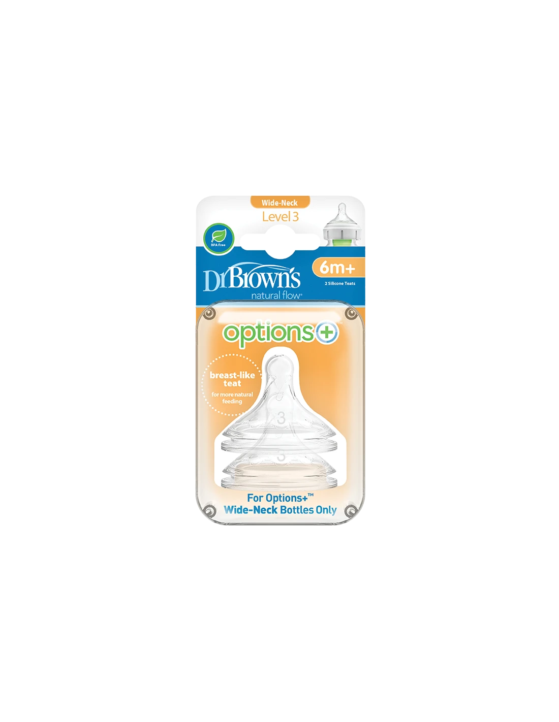 DR BROWNS Options+ Θηλή Σιλικόνης με Φαρδύ Λαιμό 6m+ 2 Τεμάχια