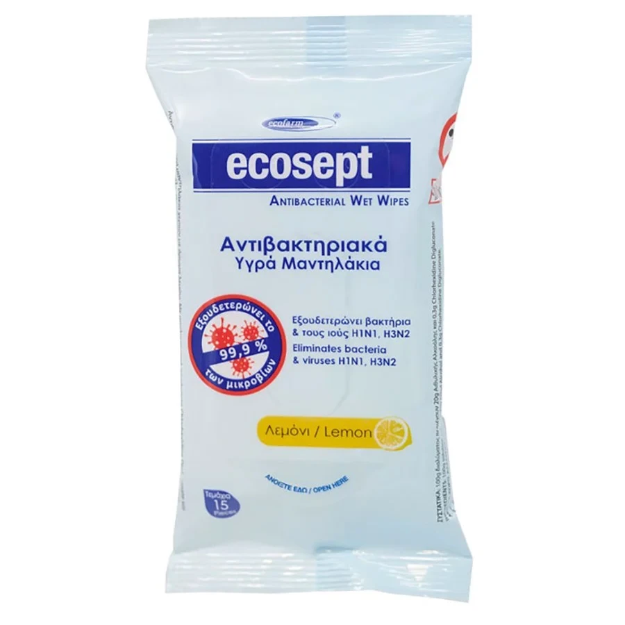 ECOFARM Ecosept Antibacterial Wet Wipes Lemon 15 Τεμάχια