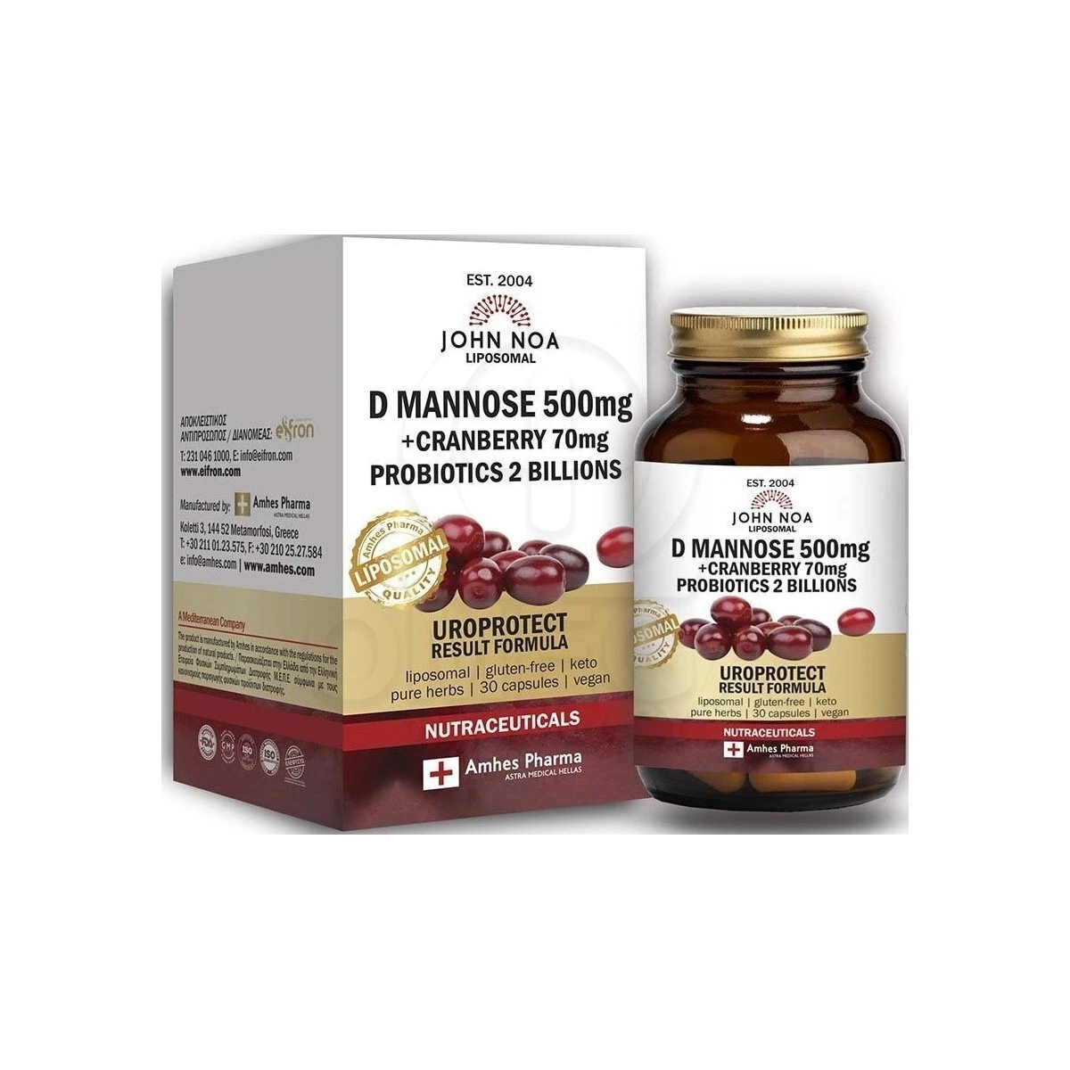 JOHN NOA Liposomal D Mannose 500mg + Cranberry 70mg 30 Kάψουλες