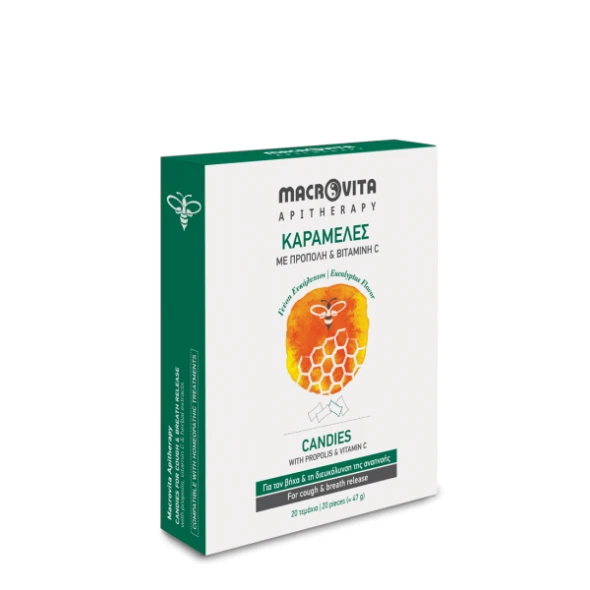 MACROVITA Candies Καραμέλες για το Βήχα με Πρόπολη, Βιταμίνη C & Εκχυλίσματα Βοτάνων με Γεύση Ευκάλυπτος 20 Τεμάχια 47g