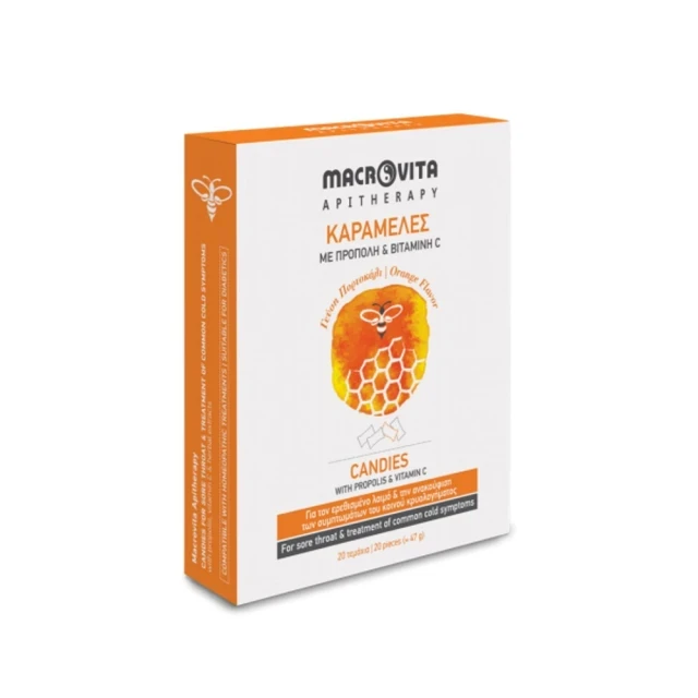 MACROVITA Candies Καραμέλες για τον Λαιμό με Πρόπολη, Βιταμίνη C & Εκχυλίσματα Βοτάνων με Γεύση Πορτοκάλι 20 Τεμάχια 47g