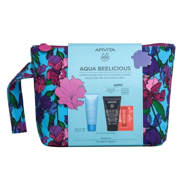 APIVITA Promo Set Aqua Beelicious Hydrating Rich Texture Cream 40 ml + Black Detox Cleansing Jelly με Ενεργό Άνθρακα & Πρόπολη 50ml + Bee Sun Safe Hydra Freash Face Gel - Cream 2ml
