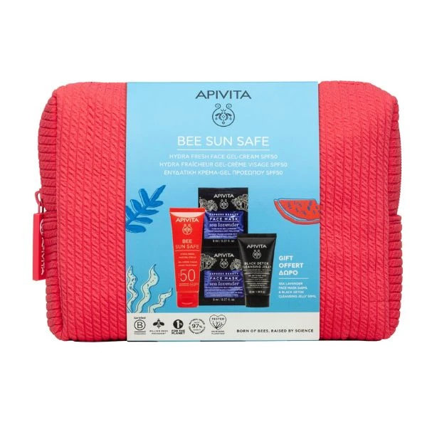 APIVITA Bee Sun Safe Hydra Fresh Face Gel - Cream Spf50 50ml & Express Beauty Face Mask Sea Lavender Moisturizing & Anti-Pollution 2x8ml & Black Detox Cleansing Gel Face & Eyes 50ml