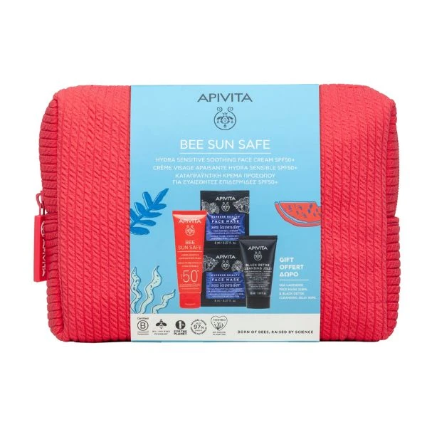 APIVITA Bee Sun Safe Hydra Sensitive Soothing Face Cream Spf50+ 50ml & Express Beauty Face Mask Sea Lavender Moisturizing & Anti-Pollution 2x8ml & Black Detox Cleansing Gel Face & Eyes 50ml