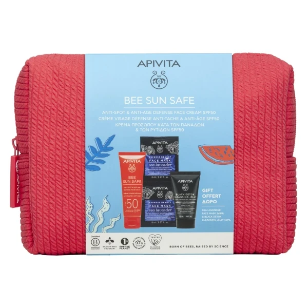 APIVITA Bee Sun Safe Anti-Spot & Anti-Age Defense Face Cream Spf50 50ml & Express Beauty Face Mask Sea Lavender Moisturizing & Anti-Pollution 2x8ml & Black Detox Cleansing Gel Face & Eyes 50ml