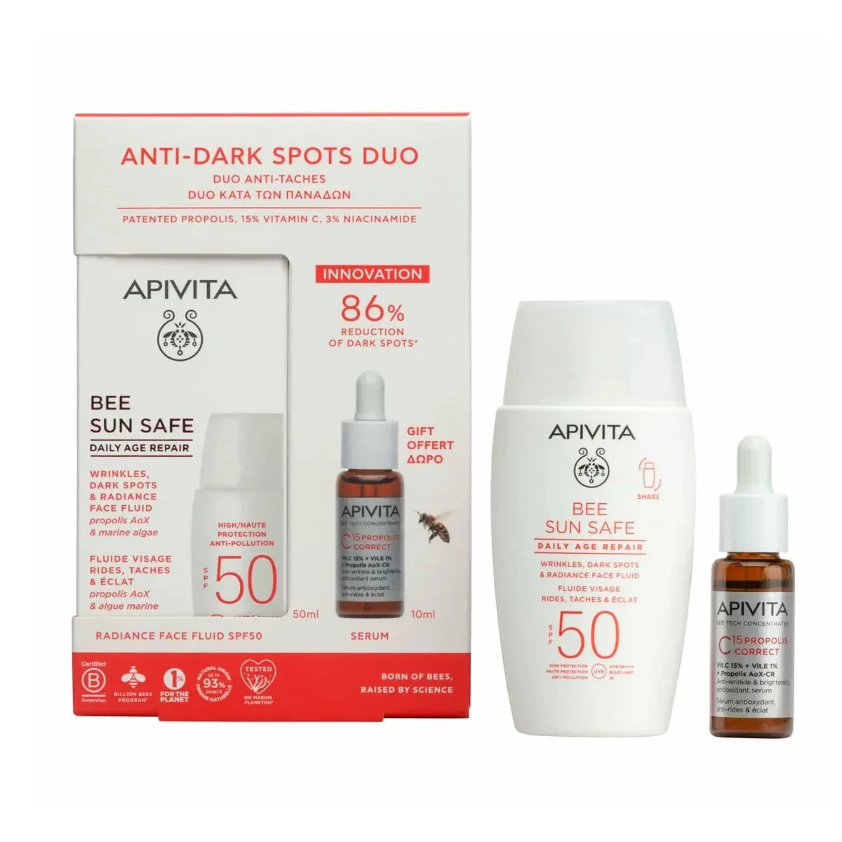 APIVITA Anti-Dark Spots Duo Bee Sun Safe Daily Age Repair Face Fluid SPF50 50ml & C15 Propolis Correct Serum 10ml