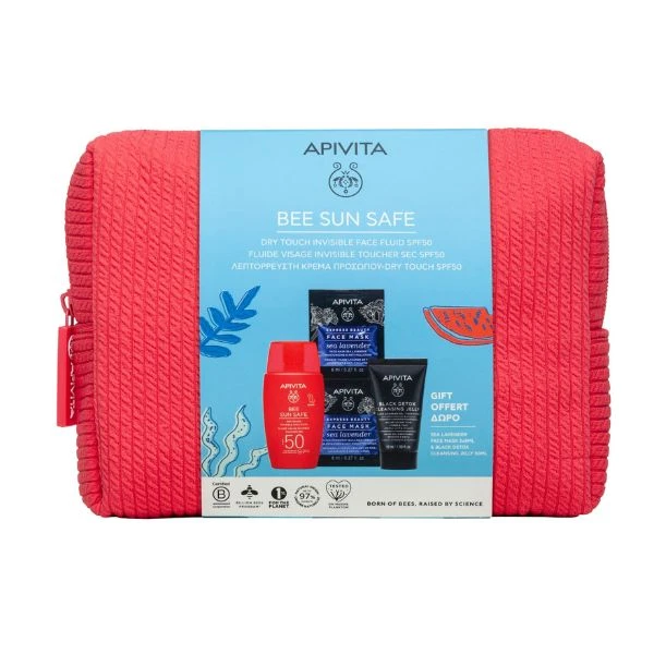 APIVITA Bee Sun Safe Dry Touch Invisible Face Fluid Spf50 50ml & Express Beauty Face Mask Sea Lavender Moisturizing & Anti-Pollution 2x8ml Black Detox Cleansing Gel Face & Eyes 50ml