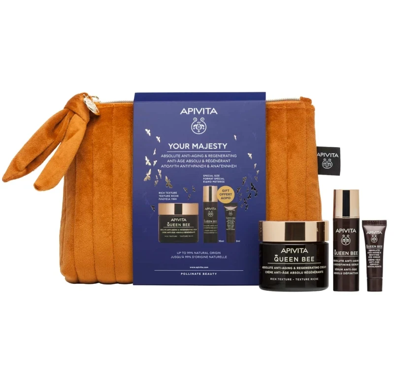 APIVITA Your Majesty Set Queen Bee Absolute Anti-Aging & Regenerating Cream Rich Texture 50ml & Absolute Anti-Aging & Redefining Serum 10ml & Queen Bee Absolute Anti-Aging & Reviving Eye Cream 2ml