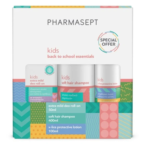 PHARMASEPT Back to School Pack με Kid Soft Hair Shampoo 400ml, X-Lice Protective Lotion 100ml & Kids Extra Mild Deo Roll-On 50ml